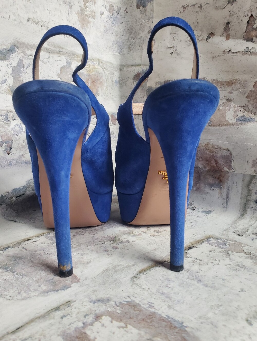 PRADA Cobalt Blue Suede Platform Peep-Toe Slingback Heels Size 40 - Picture 2 of 16